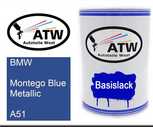 BMW, Montego Blue Metallic, A51: 500ml Lackdose, von ATW Autoteile West.